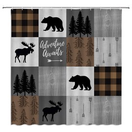YSSFAV Rustic Cabin Shower Curtain Bear Deer Moose Camping Lodge Hunting Country Plaid Check Bathroom Decor Curtains Set with Hooks, 70" W x 70" H