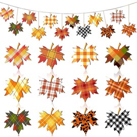 12Pcs Maple Leaf Thanksgiving Decor Rustic Patterns Plaid Fall Leaves Hanging Ornaments with Hemp Rope Maple Leaves Tree Hanging Decorations Autumn Outdoor Decor for Wall Home Door Thanksgiving Party