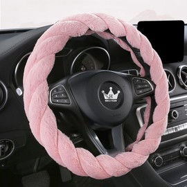 HighnessHwoo Luxury Fluffy Winter Car Steering Wheel Cover for Women Soft Warm Handle Cover for Jeep Truck Van F150 Universal Fuzzy Anti Slip, Pink