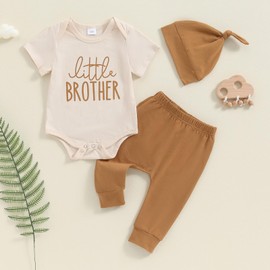Baby Boy Clothes Little Brother Letter Short Sleeve Romper Top&Pants hat Going Gome Outfit Newborn (Yellow, 3-6 Months)