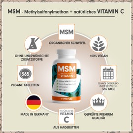MSM 2000 mg per day + natural vitamin C - 2 x 365 MSM tablets with methylsulfonylmethane - more compact MSM powder than MSM capsules - high dose with 1000 mg per MSM tab - vegan and without additives