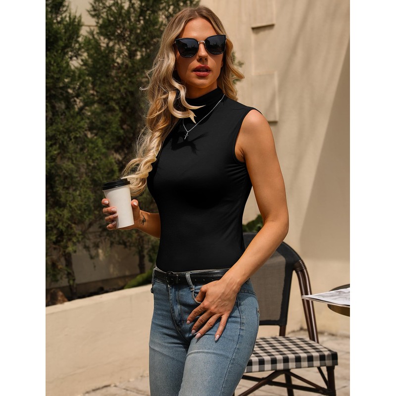 URRU playera sin mangas para mujer, con cuello alto falso,