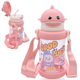 ZPSOSPZ Shark Water Bottle 650ML Shark Sippy Cups With Straw Auto Push Button Straw Drinking Water PC Bottle for Unisex Kids Boys Girls Pink