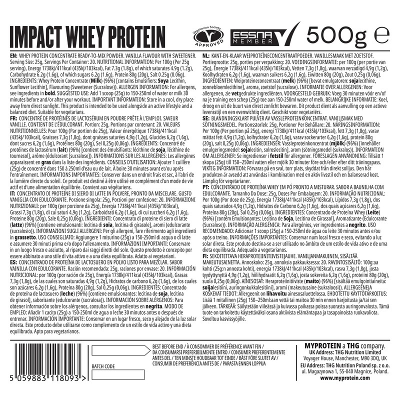 Myprotein Impact Whey Protein Vanilla Flavour, Muscle Building, Muscle Recovery,