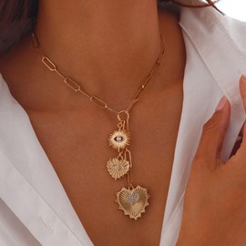 Chunky Gold Necklace for Women,14K Gold Plated Sun Heart Charm Choker Necklace Trendy Thick Paperclip Chain Hip Hop Necklaces Fashion CZ Paper Clip Chain Choker Necklaces Charm Y2K Jewelry (Gold)