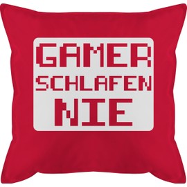 Shirtracer GURLI Cushion 50 x 50 cm – Statement Cushion with Sayings – Gamer schlafen nie – 50 x 50 cm – Red – Gaming Sayings – Cushion with Filling