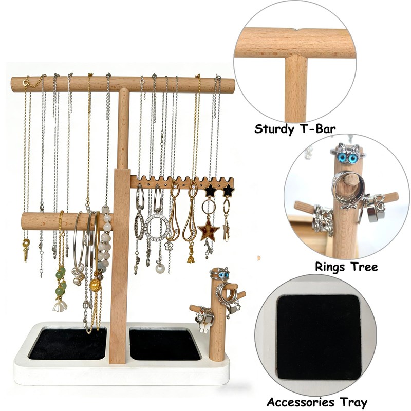 Solid Wood Jewelry Tower Organizer - 3-Tier Tree Holder Stand