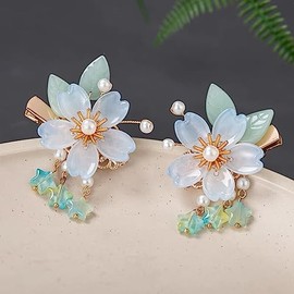 Vintage Light Blue Flower Hair Clips, A Pair of Sakura Decorative Hair Clips Tassel Pearl Barrettes, Wedding Hair Pins Hair Accessories for Women Girls Bride Bridesmaid