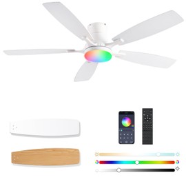 FUMLTP Ceiling fans with Lights, 54Inch RGB Low Profile Ceiling fan with Light and Remote Control, Dimmable, Reversible DC Motor, Noiseless, 6 Speeds, Flush Mount White Ceiling Fan For Livingroom
