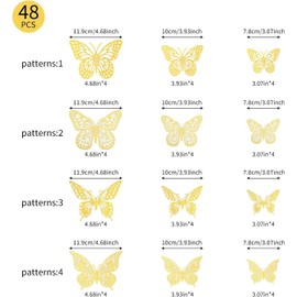 WADY 48 Pcs Butterfly Decorations 4 Styles 3 Sizes, 3D Butterfly Wall Decor Gold Party Decorations, Removable Stickers (Gold)