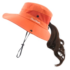 Muryobao Women's Ponytail Sun Hat UV Protection Foldable Mesh Wide Brim Beach Fishing Hat, Pure Orange, One Size