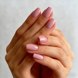 Uñas postizas cuadradas cortas de color rosa malva, uñas postizas cortas tipo ataúd con pegamento, uñas postizas neutras brillantes para mujer, juego 