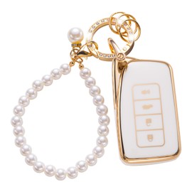 CARFRULTER for Lexus Key Fob Cover with Pearl Car Keychain, Key Case Shell fit for Lexus RX ES GS LS NX RS GX LX RC LC Smart Control Key Protector, White