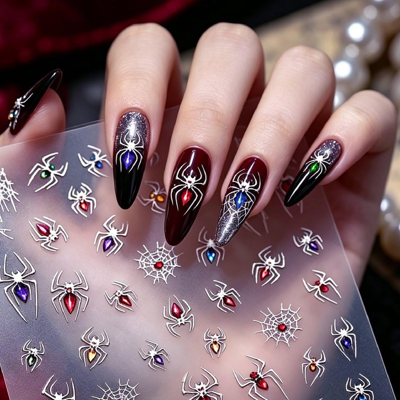 5D Embossed Silver Spider Nail Stickers