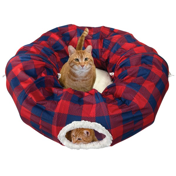 Kitty City Large Plaid Cat Tunnel Bed, Cat Toy - for Cat and Kitten, Red (CM-10094-CS01)