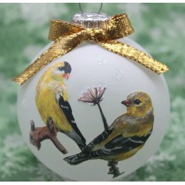 B011 Hand-made Christmas Ornament - wild bird - pair gold yellow finches (gold)