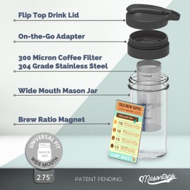 Masontops Cold Brew Makers Kit - Iced Coffee Cold Brew Coffee Maker Tea Maker - Easy Mason Jar Pour Spout & Sip Cap Coffee Accessories Coffee Cold Brew Maker 24 oz Iced Coffee Maker Cold Brew Machine