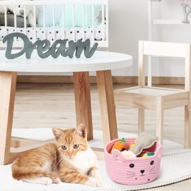Cotton Fabric Storage Basket, Cat Storage Box Made of Cotton, Washing Basket, Braided Children Cat, Suitable for Storage, Toy Basket for Towels, Blankets, Toys, Clothes