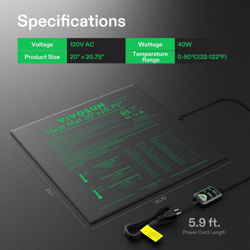 VIVOSUN 20"x20.75" Seedling Heat Mat with Built-in Temperature Controller, UL