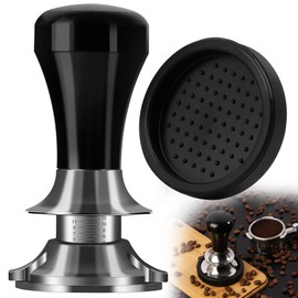 Newest 58mm Espresso Coffee Tamper Adjustable Height with Scale, 30lbs Springs Tamping Strength, Stainless Steel Flat Base, with Mat
