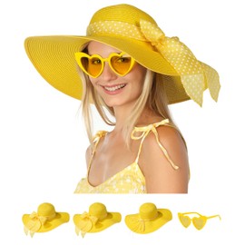 Funcredible Summer Hat for Women - Yellow Wide Brim Hat - Large Floppy Beach Hat - Straw Sun Hat with Bow and Heart Shape Glasses