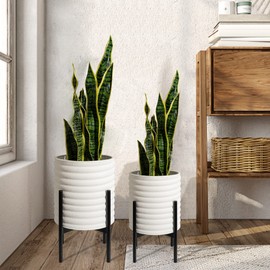 Oakrain Mid Century Planters for Indoor Plants, Set of 2, Modern Decorative Metal Planter Pots for Living Room, Office, Garden or Balcony, White Planter with Stand, 8 inch & 10 inch