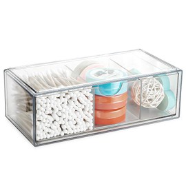 Alaoo Square Qtip Holder Dispenser, Small Drawers Organizer, 3 Compartments Cotton Ball Holder with Acrylic Lid, Drawer Organizer for Earrings, Cotton Swab, Makeup Storage for Bathroom, Bedroom