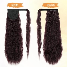 quesdom Corn Wave Ponytail Extension Wrap Around Pony Tail 22 Inch Synthetic Clip on Curly Wavy Ponytails Wine Red Hairpiece for Black Women(99J,Wine Red)