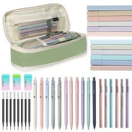 Yilitazaro 41 PCS Aesthetic School Supplies with Cute Pen Case, 5 Black Ink Gel Pens, 12 Pastel Highlighters, 6 Mechanical Pencils Set 0.5 & 0.7 mm for School Supplies Essentials (Green)