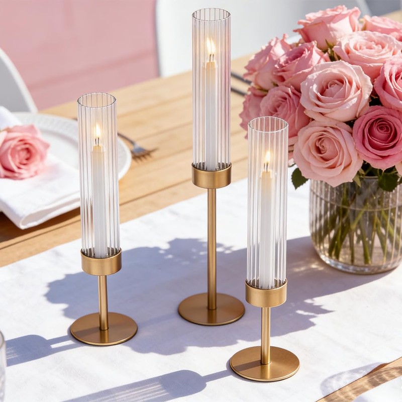 Glass Hurricane Candle Holders Set of 6,Brass Candlestick Holders,Taper Candlestick