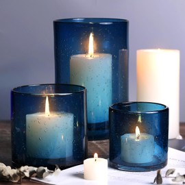 Hurricane Candle Holder Set of 3 Blue Candle Holders for Pillar Candles, Seeded Bubbles Glass Candle Holder, Blue Glass Cylinder Vases for Table Centerpieces, Home, Patio and Wedding 8" 4.7" 3.5"