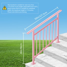 Adjustable Handrails for Outdoor Steps – Pink Metal Stair Railing with Flexible Angle Design, Porch Railing Fits 1 to 4 Steps or Horizontal Use, Unique Wrought Iron Hand Rails with Installation Kit