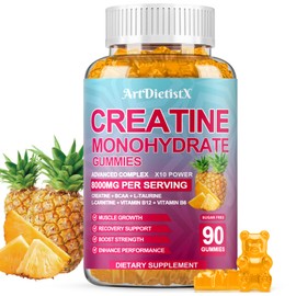 Creatine Monohydrate 8000mg Gummies with BCAA, L-Carnitine, Taurine & Vitamin B12 - Pre Workout Supplement for Muscle Growth, Strength & Energy - Pineapple Flavor Gummies, 90 Count for Men & Women