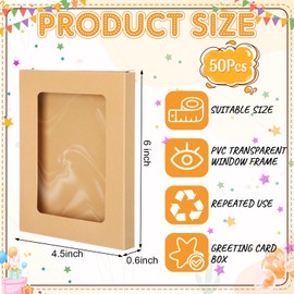 Chivertion 50 Pcs Greeting Card Storage Box Kraft Paper Box with PVC Transparent Window Greeting Card Envelope Applicable Bulk Frame Photo Storage Case Biscuit Applicable(4.5 x 6 x 0.6 Inch)
