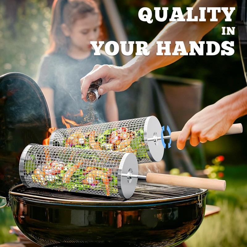 ivtivfu Rolling Grill Basket, Removable Wooden Handle, 304 Stainless Steel,