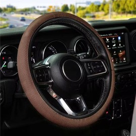 KAFEEK Multiple Colors Elastic Breathable Grid Square Car Steering Wheel Cover 15 inch Universal Fit  All Season Comfort:_Brown