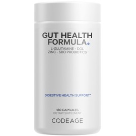 Codeage Gut Health Supplements Vegan Formula - L Glutamine, Zinc, Turkey Tail Mushroom Powder, Tonic Mushroom, Maitake, Micro Algae, Mineral, Licorice Root DGL - Probiotics, Prebiotics - 180 Capsules