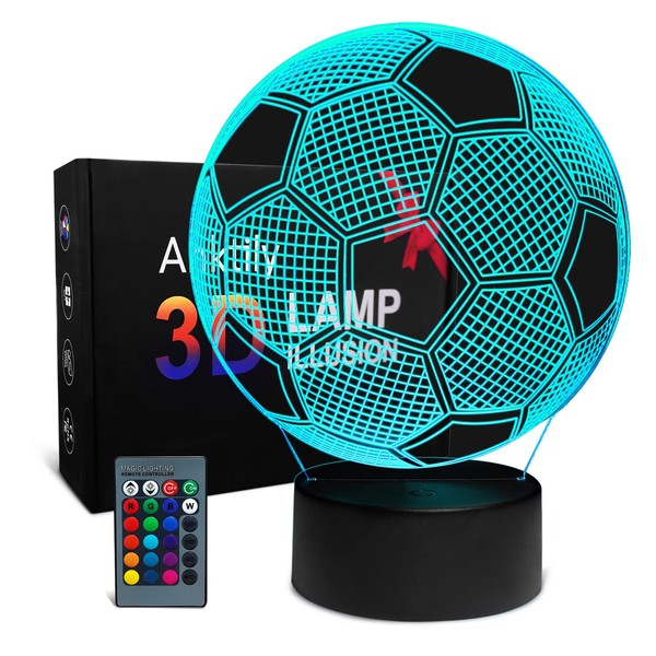 Football 3D Lamp Night Light Illusion Lamp for Children, 16 Colours Change and Remote Control, Football Birthday for Sports Fan Boys Girls (Black Base)