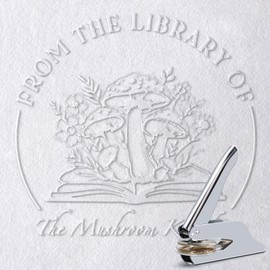 Silver Book Embosser Kit for Wedding Invitations, Journals Decor, Library Embosser Stamp Tool with Storage Box & 10 Pcs Gold Stickers, Gift for Book Lovers(Mushroom Kingdam)
