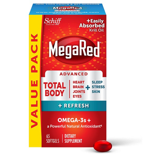Megared Omega-3 Blend Total Body + Refresh 500mg Softgels, (65 Count in a Bottle), Easily Absorbed Krill Oil, to Support Your Heart, Joints, Brain & Eyes