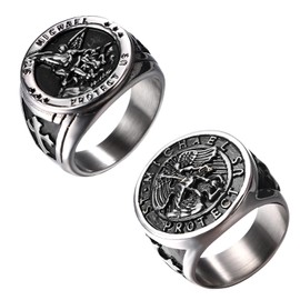 Oidea St. Michael Rings for Men: 2Pcs Saint Michael Rings The Great Protector Archangel Defeating Satan Figurine Signet Rings Religious Amulet Jewelry Gifts Silver Size 10