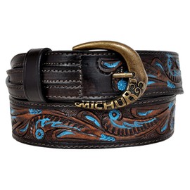 MICHUR Luis Leather Belt for Men, Leather Belt for Women, Leather Belt, Brown with Blue Accents and Beautiful Pattern, Leather, Various Sizes Available, Brown - Blue, 110x4 cm