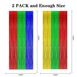 Party Foil Fringe Curtains 2 Pack Metallic Tinsel Backdrop for Photo Booth, Door Wall Streamers,3.28 x 7.05 ft (Green Red Blue)