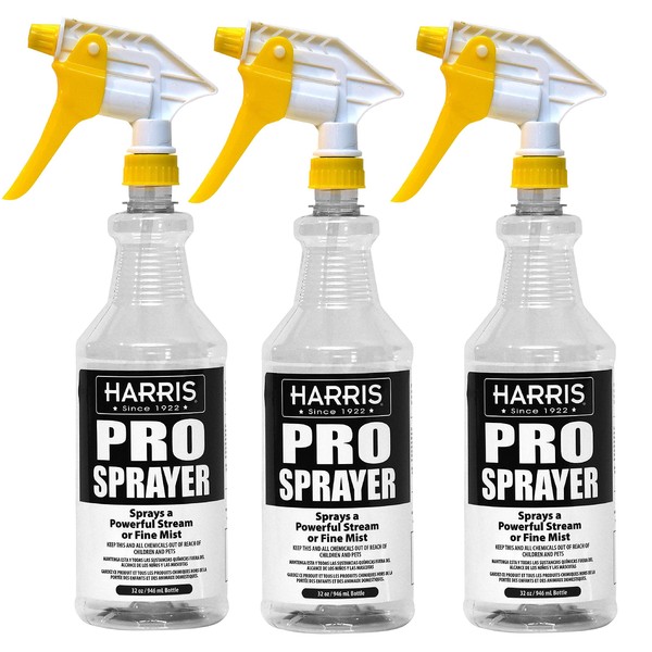 HARRIS Professional Spray Bottle 32oz (3-Pack), All-Purpose for Cleaning and Plants with Clear Finish, Pressurized Sprayer, Adjustable Nozzle and Measurements