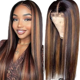 Weeybay Real Hair Wig, Bone Straight Human Hair Wig, Glueless Wear and Go, 4 x 1 Lace Closure Wigs for Women, with Baby Hair, Bleached Knots, Highlights, Brown Colour, for Women, 34 Inches (86 cm)