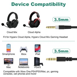 Tobysome Audio Cable Replacement Compatible with HyperX Cloud Alpha and Cloud Mix Gaming Headset 3.5mm TRRS Aux Cord (Black)