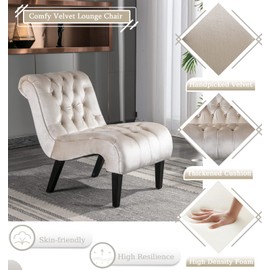 Comfy Velvet Accent Chair, Upholstered Armless Side Chair for Living Room, Modern Small Lounger with Tufted Back and Rolled Edge Design, Comfy Reading Chaise Lounge with Solid Rubber Wood Legs, Beige