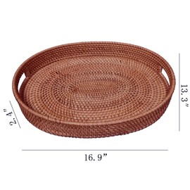 i-lan Dark Brown Oval Rattan X-large Serving Tray for Fruit,Breakfast,Drinks,17 Inch Ottoman Wicker Woven Serving Basket Tray with Handle and 2.5" High Wall