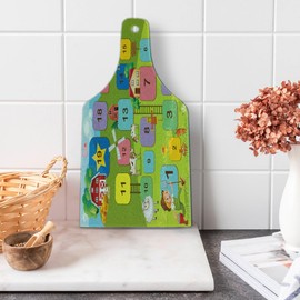 Lunarable Animals Cutting Board, Colorful Squares with Written Numbers Farmer Animals Funny Farmland Cartoon, Decorative Tempered Glass Cutting and Serving Board, Wine Bottle Shape, Multicolor