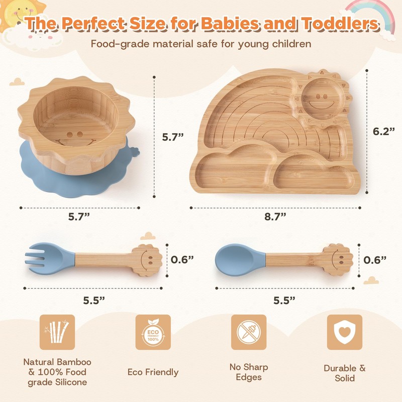 Bamboo Suction Plates Bowls Set for Baby Toddler - Includes